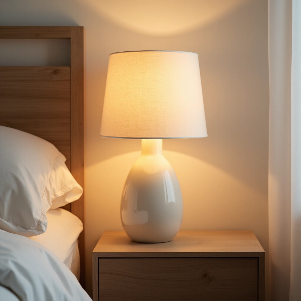 Ceramic table lamp on bedside table in small bedroom, showing proportions and warm light in evening setting with neutral decor