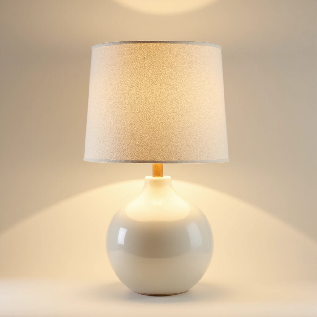 Cream ceramic handthrown table lamp with natural linen shade on beige background, showing ceramic texture detail