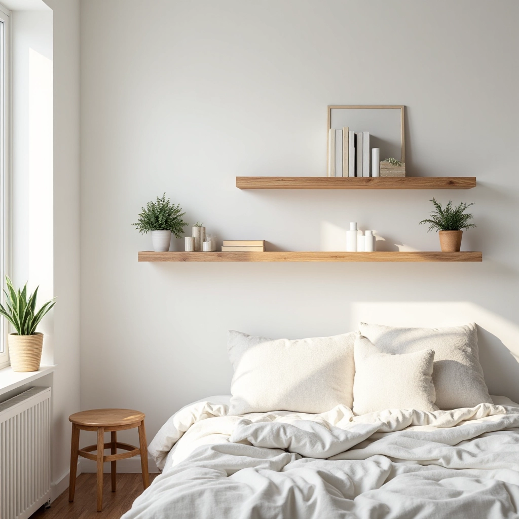 Modern apartment interior with floating oak shelf displaying books and green plants against neutral wall color