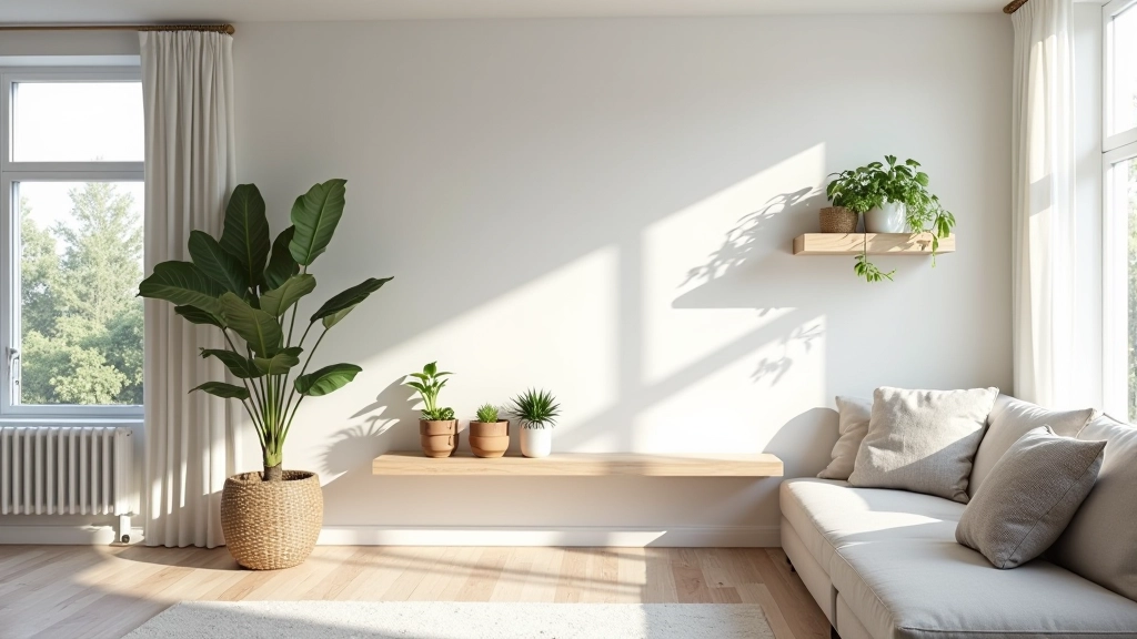 Modern living room with floating oak shelf displaying plants and books, warm afternoon light streaming through large window