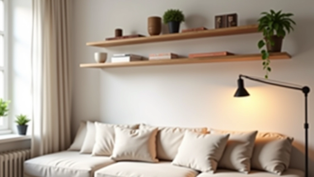 Beautifully designed apartment interior with floating shelves and warm lighting fixtures