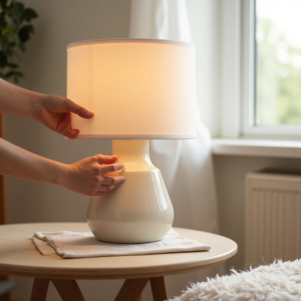 Person gently cleaning ceramic lamp base with soft cloth, showing proper care technique in warm apartment lighting